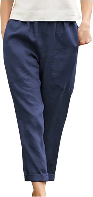 Women's Cotton Linen Pants Casual Summer Capris Elastic Waist Straight Wide Leg Loose Cropped Trousers with Pockets