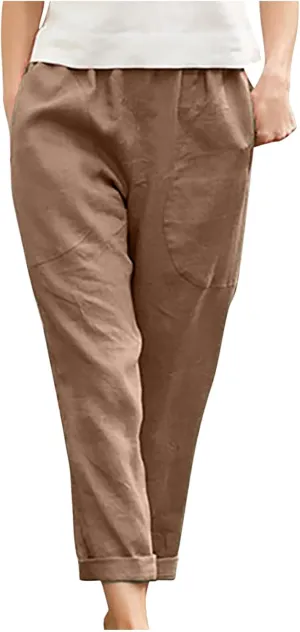 Women's Cotton Linen Pants Casual Summer Capris Elastic Waist Straight Wide Leg Loose Cropped Trousers with Pockets
