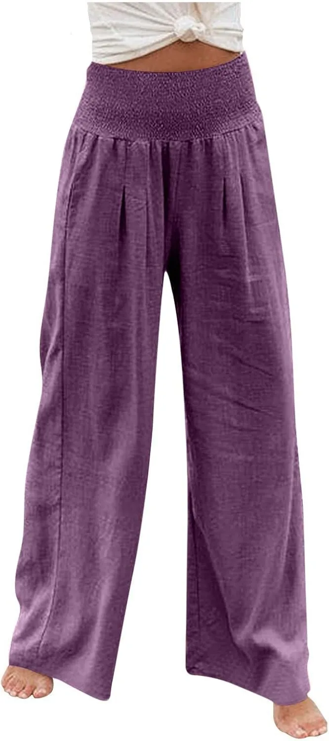 Women's Cotton Linen Pants Dressy Casual Elastic High Waist Drawstring Pants Wide Leg Lounge Yoga Trousers