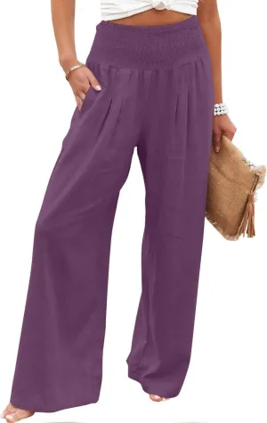 Women's Cotton Linen Pants Dressy Casual Elastic High Waist Drawstring Pants Wide Leg Lounge Yoga Trousers