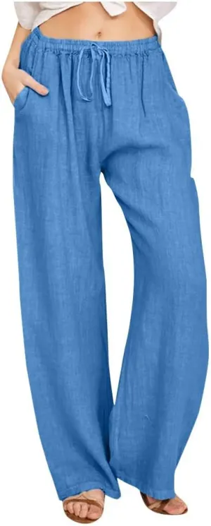 Womens Cotton Linen Pants Summer Casual Palazzo Pants Drawstring High Waist Harem Slacks Long Trousers with Pockets