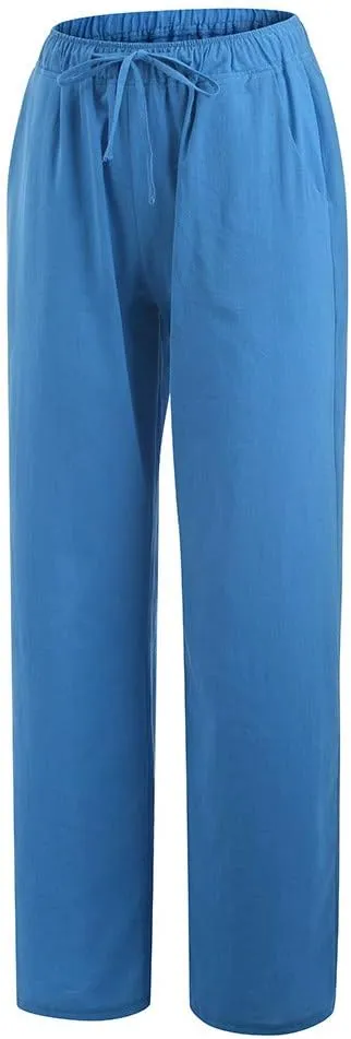 Womens Cotton Linen Pants Summer Casual Palazzo Pants Drawstring High Waist Harem Slacks Long Trousers with Pockets
