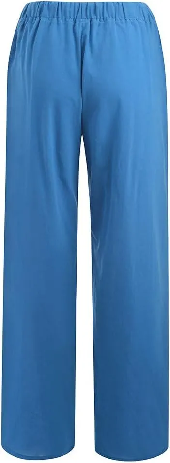 Womens Cotton Linen Pants Summer Casual Palazzo Pants Drawstring High Waist Harem Slacks Long Trousers with Pockets