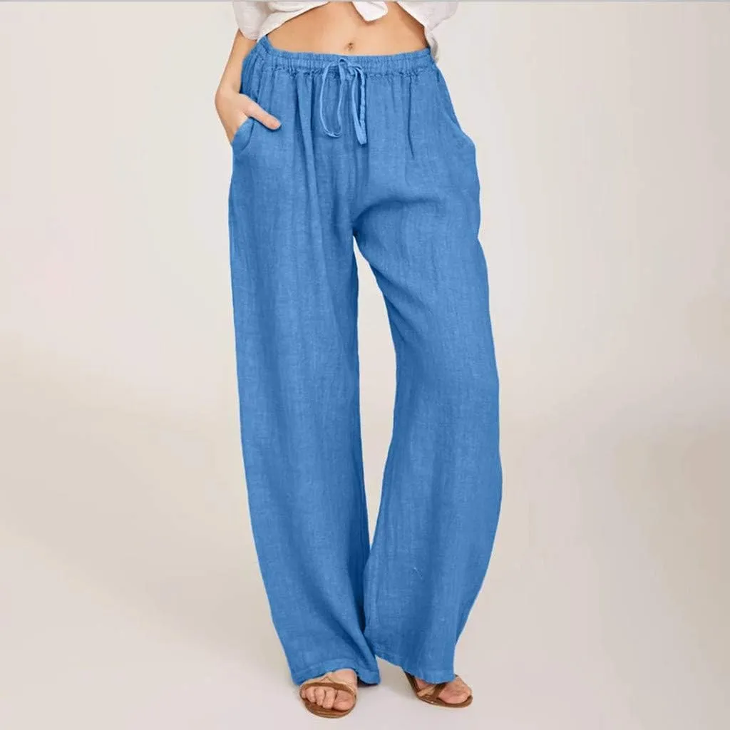 Womens Cotton Linen Pants Summer Casual Palazzo Pants Drawstring High Waist Harem Slacks Long Trousers with Pockets