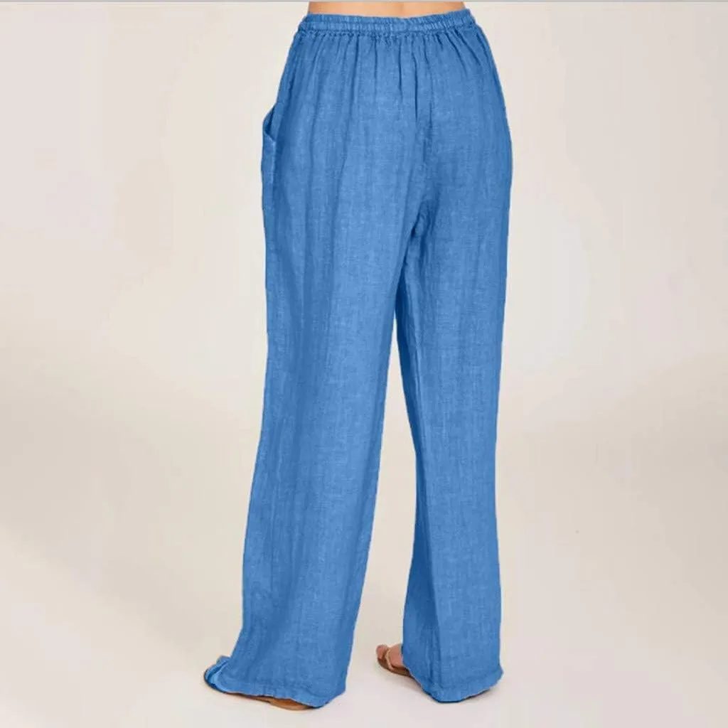 Womens Cotton Linen Pants Summer Casual Palazzo Pants Drawstring High Waist Harem Slacks Long Trousers with Pockets