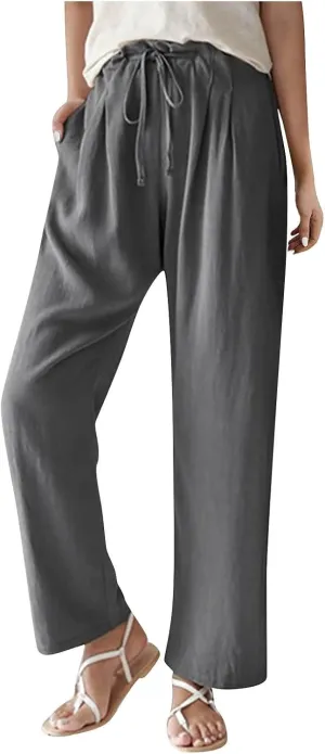Women's Cotton Linen Pants Summer Drawstring High Waist Loose Wide Leg Pants Plus Size Trousers with Pockets