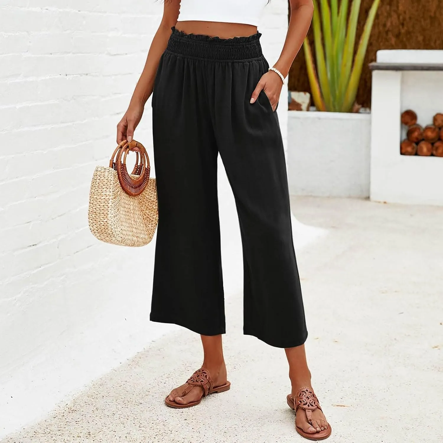 Women's Cotton Linen Pants Summer Solid Color Elastic Waist Capris with Pocket Outdoor Sports Palazzo Trousers 2025