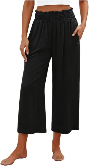Women's Cotton Linen Pants Summer Solid Color Elastic Waist Capris with Pocket Outdoor Sports Palazzo Trousers 2025