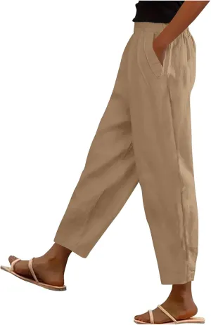 Womens Cotton Linen Pants Summer Wide Leg Solid High Waisted Palazzo Pants Flowy Lounge Beach Trousers with Pockets