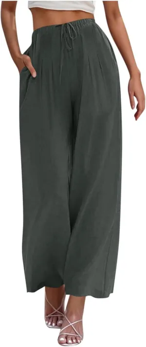 Women's Cotton Linen Summer Palazzo Pants Drawstring Elastic Waist Causal Flowy Wide Leg Beach Trousers with Pockets
