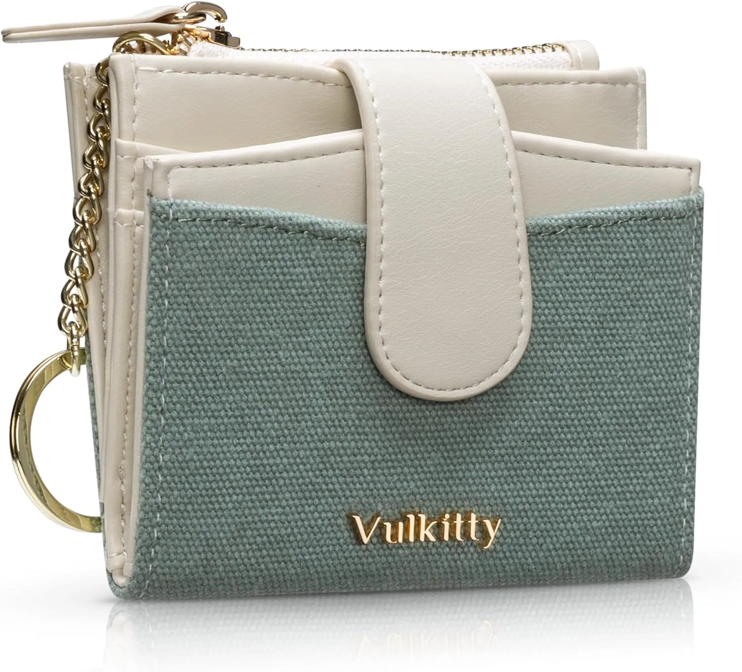 Womens Credit Card Holder Slim Minimalist Canvas & Leather Card Wallet, RFID Blocking Ladies Purses with KeyChain Zipped Coin Pocket Bifold Front Pocket Wallet