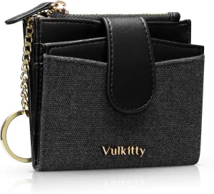 Womens Credit Card Holder Slim Minimalist Canvas & Leather Card Wallet, RFID Blocking Ladies Purses with KeyChain Zipped Coin Pocket Bifold Front Pocket Wallet
