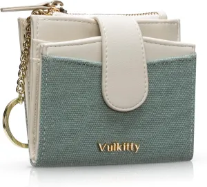 Womens Credit Card Holder Slim Minimalist Canvas & Leather Card Wallet, RFID Blocking Ladies Purses with KeyChain Zipped Coin Pocket Bifold Front Pocket Wallet