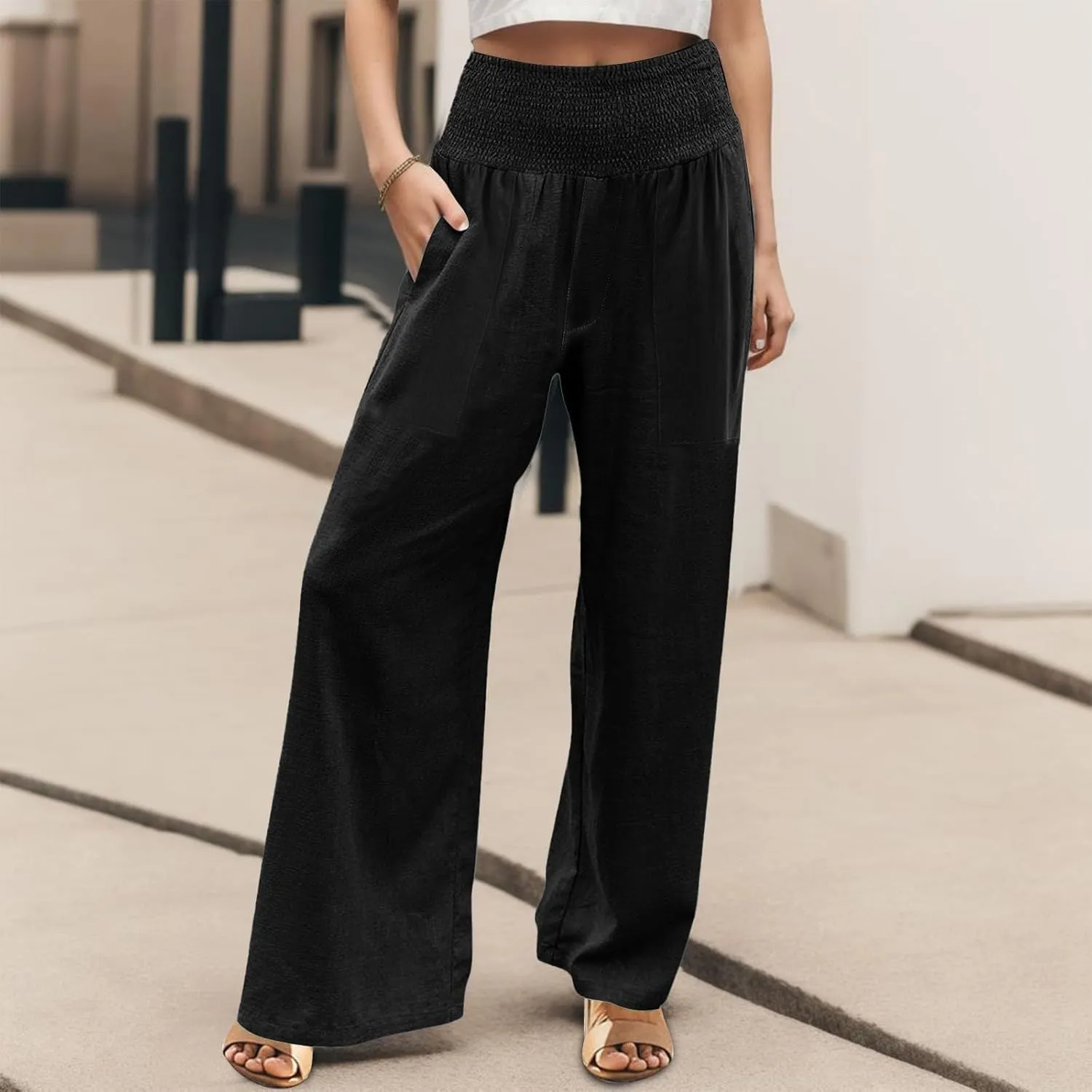 Womens Elastic High Waisted Palazzo Pants Casual Wide Leg Smock Lounge Pant Solid Beach Trousers with Pocket