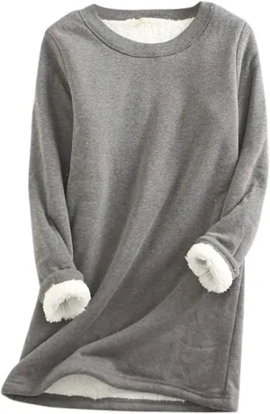 Womens Fleece Lined Sweatshirts Crewneck Oversized Sherpa Pullover Solid Color Warm Winter Clothes Loungewear