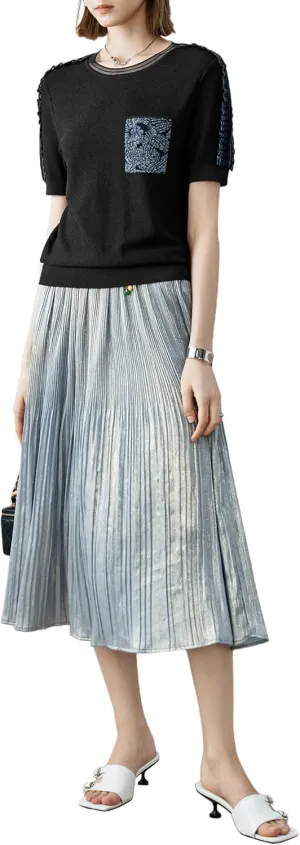 Women's Gradient Floral Pleated Midi Skirt with Elastic Waist