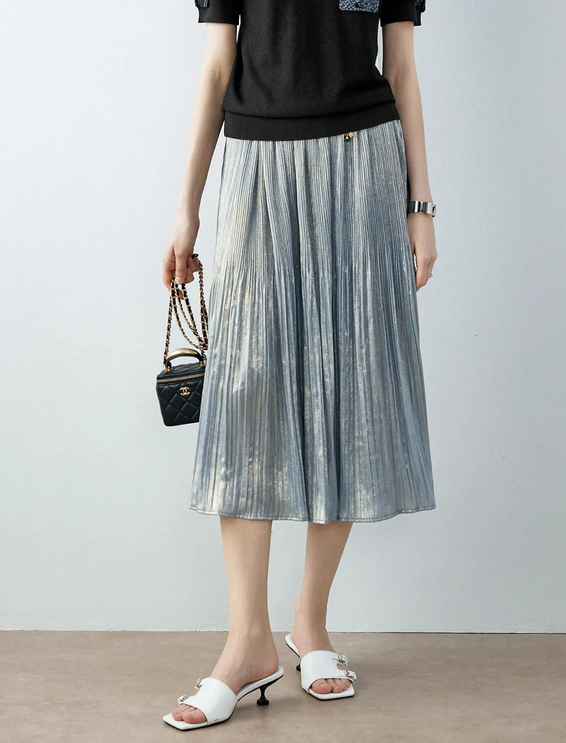 Women's Gradient Floral Pleated Midi Skirt with Elastic Waist