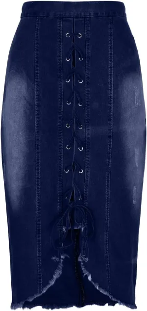 Womens High Waist Lace Up Split Front Skirts Long A Line Bodycon Washed Denim Jean Skirt Fashion Elegant Skirts