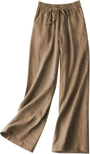 Women's High Waist Linen Wide Leg Pants - Lightweight Solid Color Loose Fit Trousers, Slimming Summer Palazzo Pants