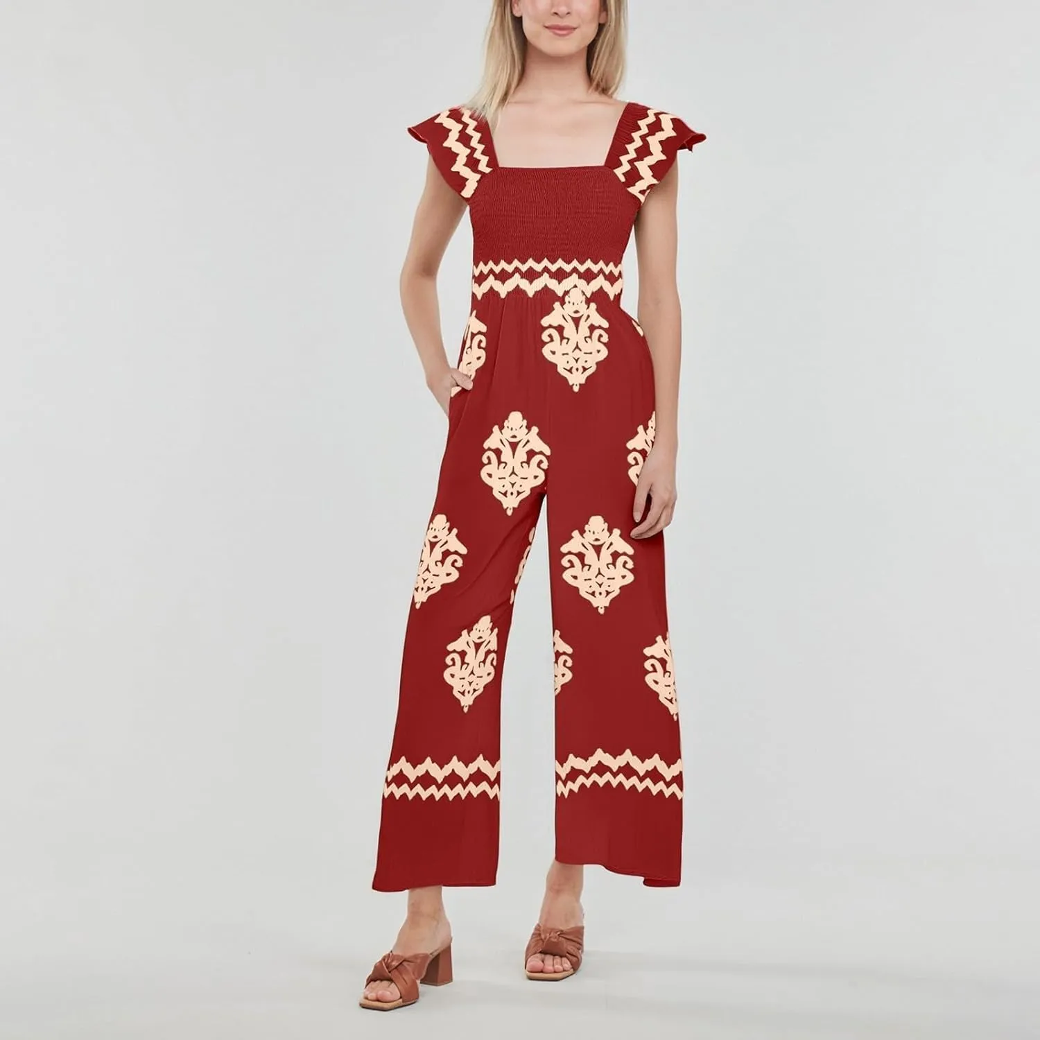 Womens Jumpsuits Casual One Piece Shirred Strap Wide Leg Long Pants Rompers with Pockets Boho Summer Outfits