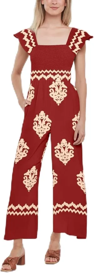 Womens Jumpsuits Casual One Piece Shirred Strap Wide Leg Long Pants Rompers with Pockets Boho Summer Outfits