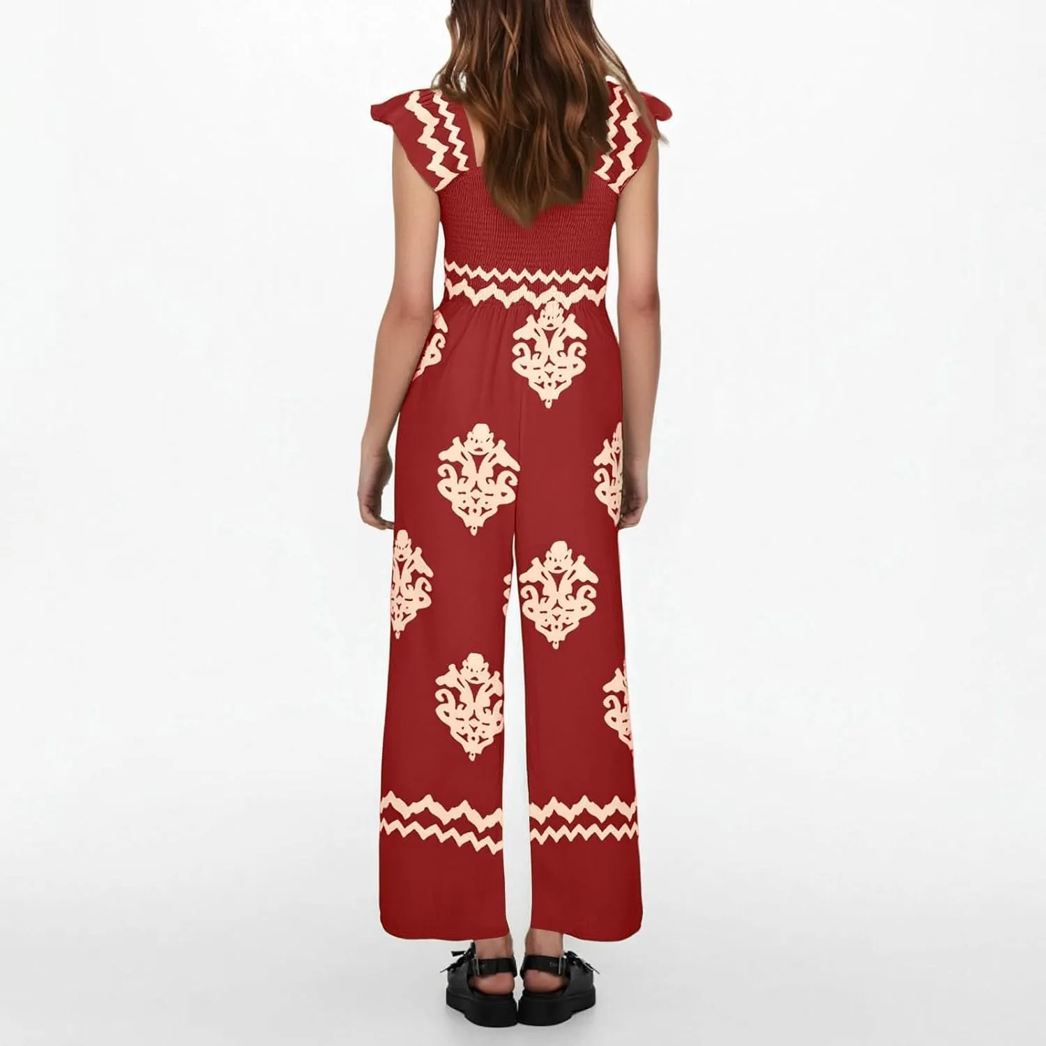 Womens Jumpsuits Casual One Piece Shirred Strap Wide Leg Long Pants Rompers with Pockets Boho Summer Outfits