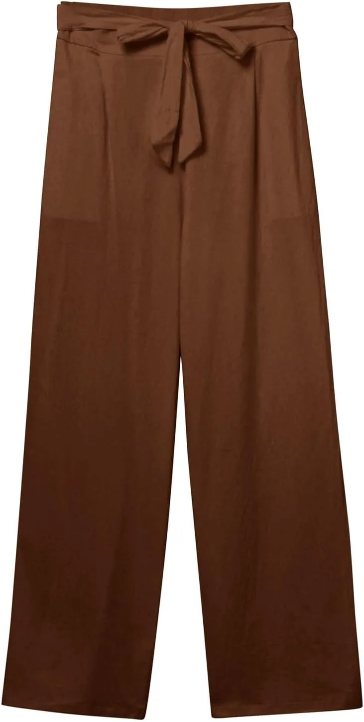 Women's Linen Blend Summer Casual Flowy Pants High Waist Lounge Pants Plus Size Trouser Vacation