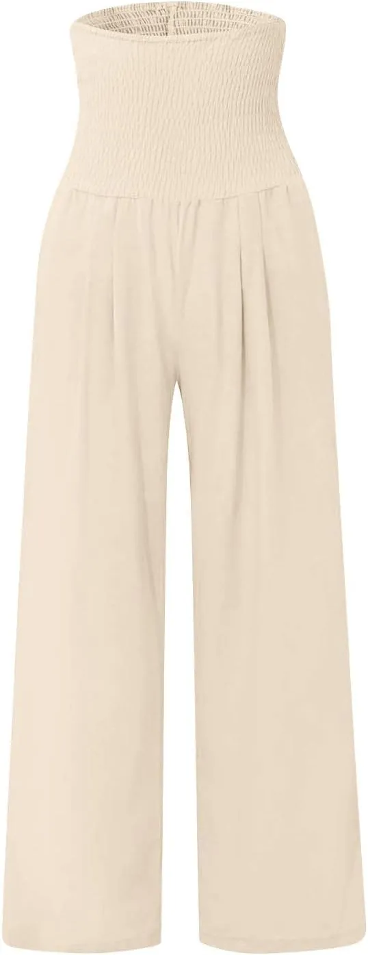 Women's Linen Blend Summer Cropped Pants Low Waist Wide Leg Slim Fit Palazzo Lounge Pants Vacation