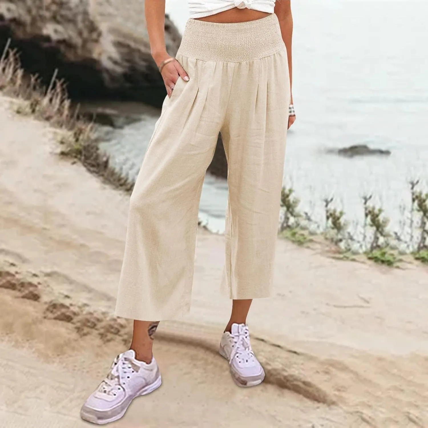 Women's Linen Blend Summer Cropped Pants Low Waist Wide Leg Slim Fit Palazzo Lounge Pants Vacation