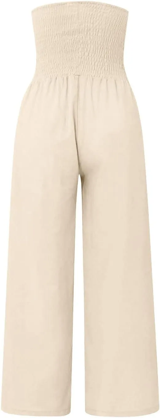 Women's Linen Blend Summer Cropped Pants Low Waist Wide Leg Slim Fit Palazzo Lounge Pants Vacation