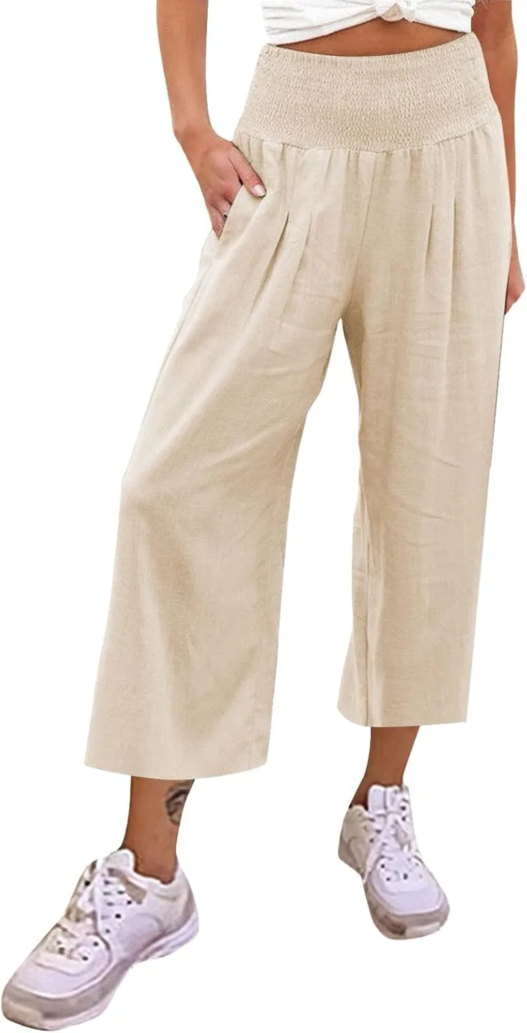 Women's Linen Blend Summer Cropped Pants Low Waist Wide Leg Slim Fit Palazzo Lounge Pants Vacation