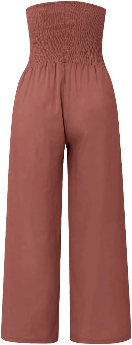 Women's Linen Blend Summer Cropped Pants Low Waist Wide Leg Slim Fit Palazzo Lounge Pants Vacation
