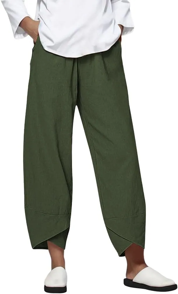 Womens Linen Pants 2025 Summer Casual Loose Waist Long Solid Cotton Pants Cotton Linen Lounge Beach Summer Pants