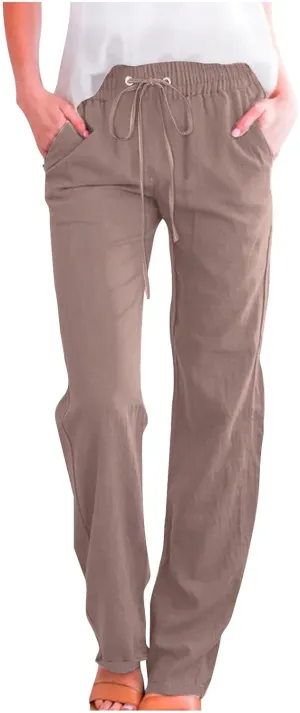Womens Linen Pants Casual 2025 Summer High Waisted Drawstring Lounge Trousers Beach Straight Wide Leg Joggers Pants