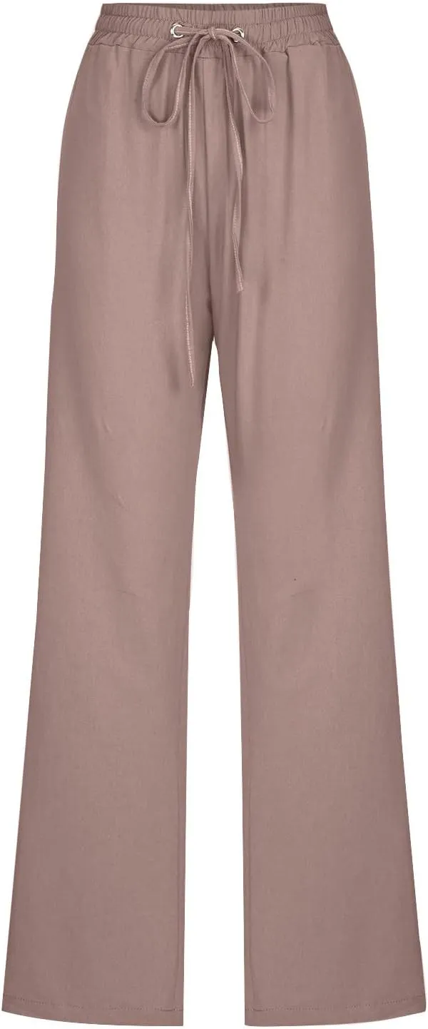 Womens Linen Pants Casual 2025 Summer High Waisted Drawstring Lounge Trousers Beach Straight Wide Leg Joggers Pants