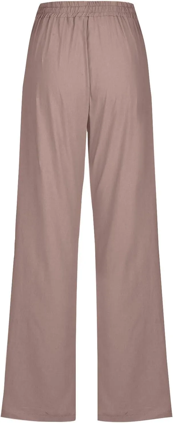 Womens Linen Pants Casual 2025 Summer High Waisted Drawstring Lounge Trousers Beach Straight Wide Leg Joggers Pants