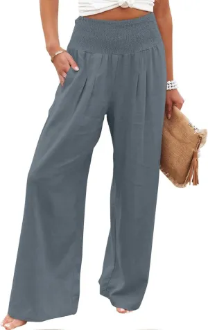 Womens Linen Pants Elastic High Waisted Wide Leg Palazzo Trousers Casual Loose Beach Vacation Clothes with Pockets