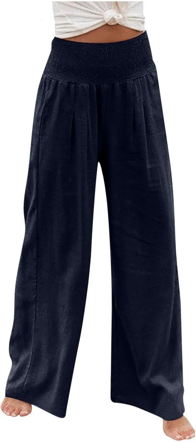 Womens Linen Pants Elastic High Waisted Wide Leg Palazzo Trousers Casual Loose Beach Vacation Clothes with Pockets