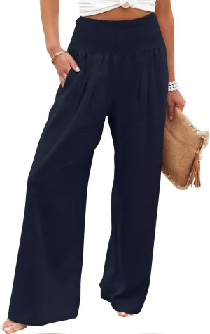 Womens Linen Pants Elastic High Waisted Wide Leg Palazzo Trousers Casual Loose Beach Vacation Clothes with Pockets
