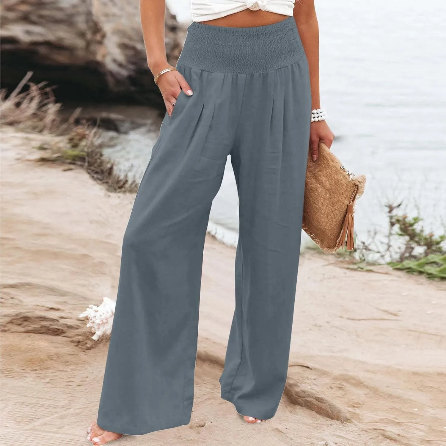 Womens Linen Pants Elastic High Waisted Wide Leg Palazzo Trousers Casual Loose Beach Vacation Clothes with Pockets