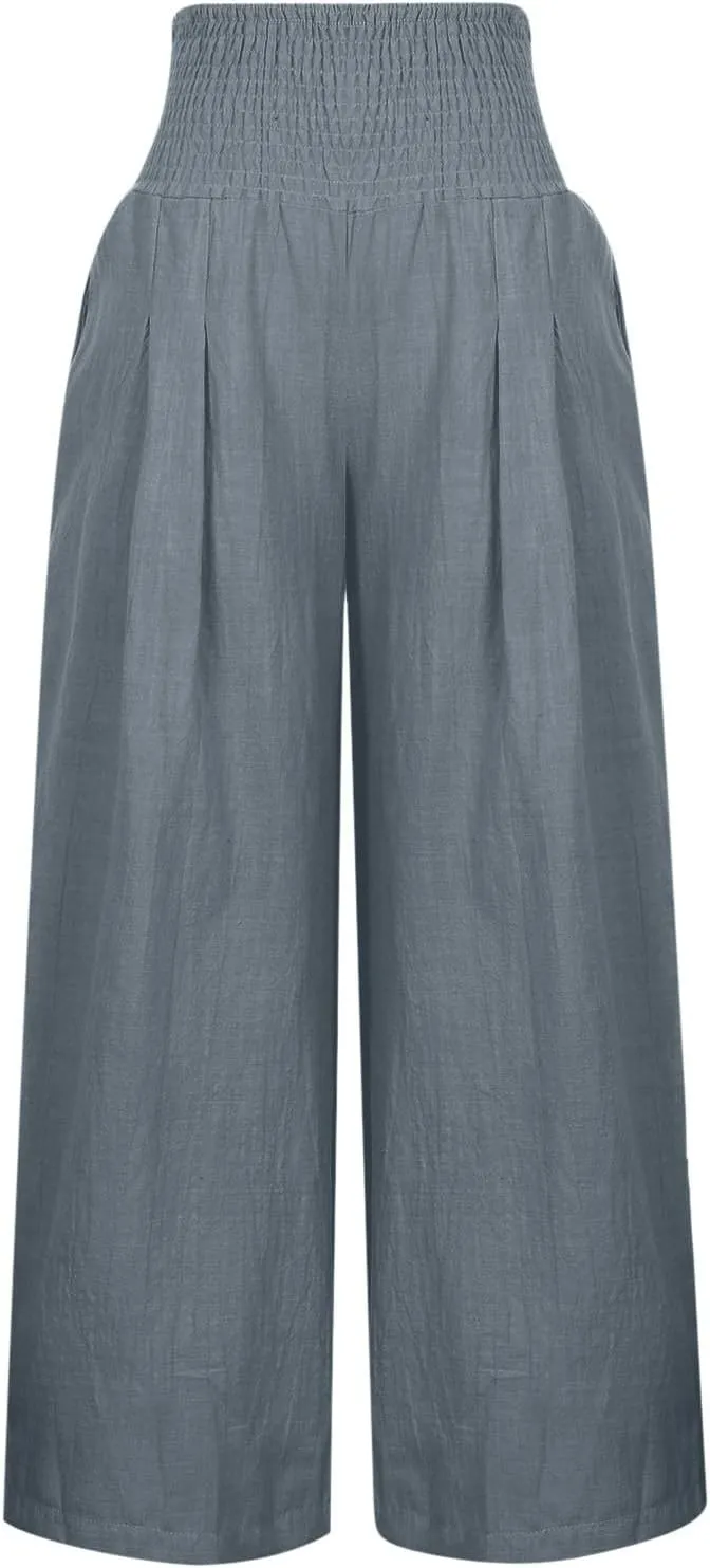Womens Linen Pants Elastic High Waisted Wide Leg Palazzo Trousers Casual Loose Beach Vacation Clothes with Pockets