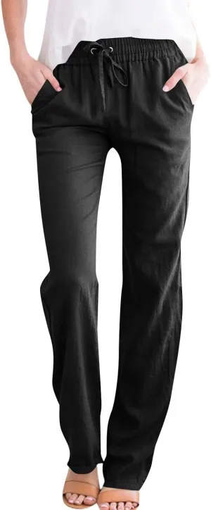 Women's Linen Pants High Waisted Loose Straight Leg Trousers Casual Summer Dress Pants Lounge Trousers with Pockets