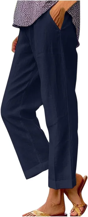 Womens Linen Pants Summer Casual Pants with Pockets Palazzo Cropped Pants Comfy Baggy Trousers High Waisted Capris