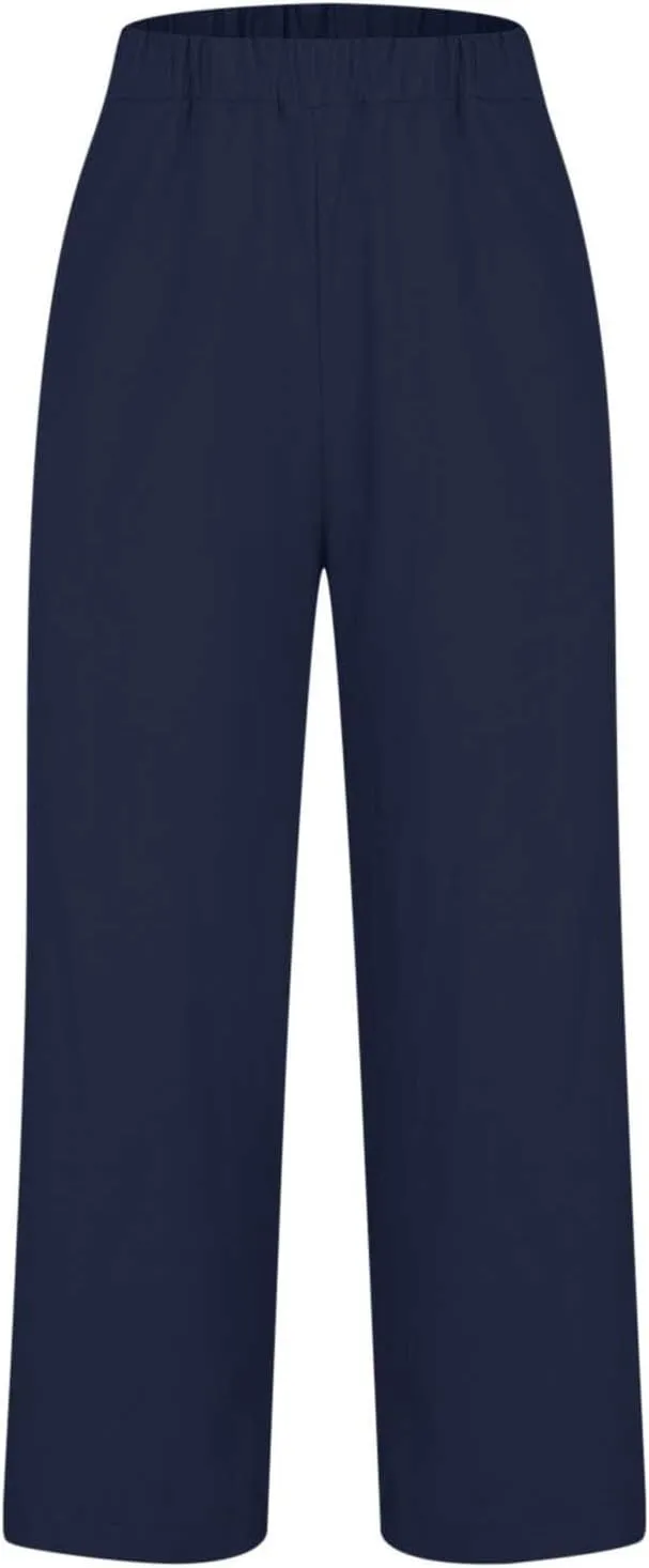 Womens Linen Pants Summer Casual Pants with Pockets Palazzo Cropped Pants Comfy Baggy Trousers High Waisted Capris