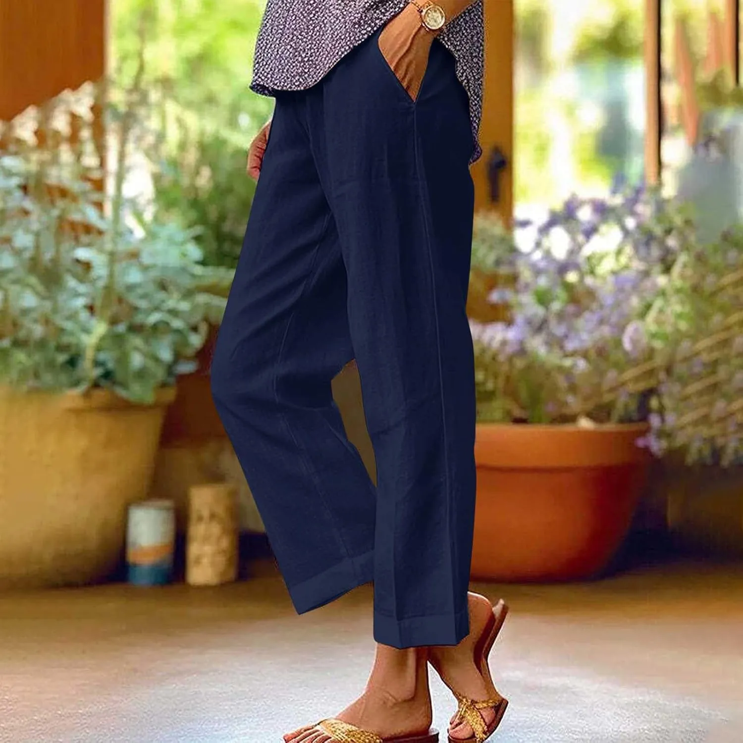 Womens Linen Pants Summer Casual Pants with Pockets Palazzo Cropped Pants Comfy Baggy Trousers High Waisted Capris