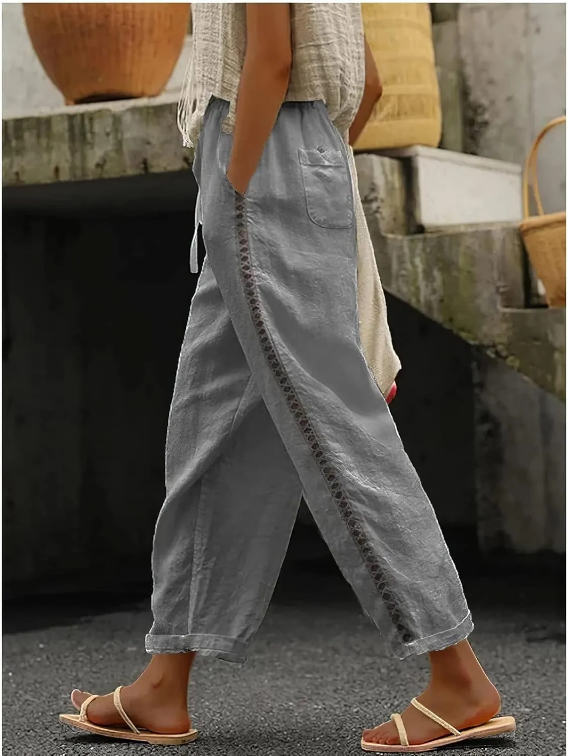 Womens Linen Pants with Pockets Casual Loose Drawstring High Waist Wide Leg Pants Summer Beach Pants S-3XL