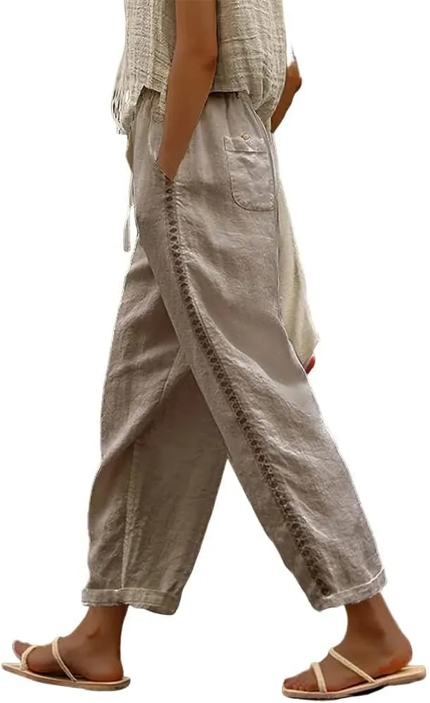 Womens Linen Pants with Pockets Casual Loose Drawstring High Waist Wide Leg Pants Summer Beach Pants S-3XL