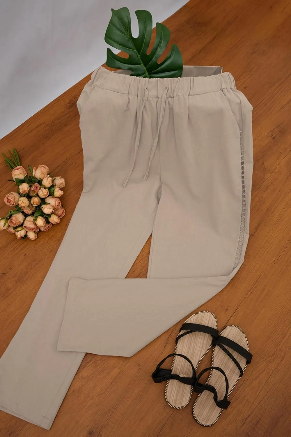 Womens Linen Pants with Pockets Casual Loose Drawstring High Waist Wide Leg Pants Summer Beach Pants S-3XL