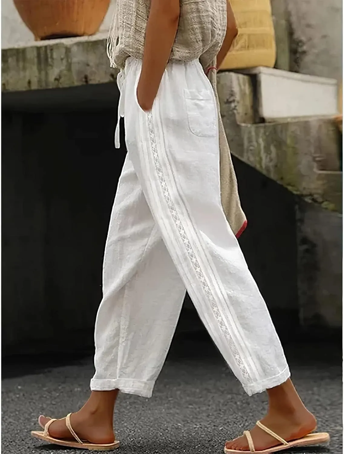 Womens Linen Pants with Pockets Casual Loose Drawstring High Waist Wide Leg Pants Summer Beach Pants S-3XL