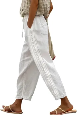 Womens Linen Pants with Pockets Casual Loose Drawstring High Waist Wide Leg Pants Summer Beach Pants S-3XL
